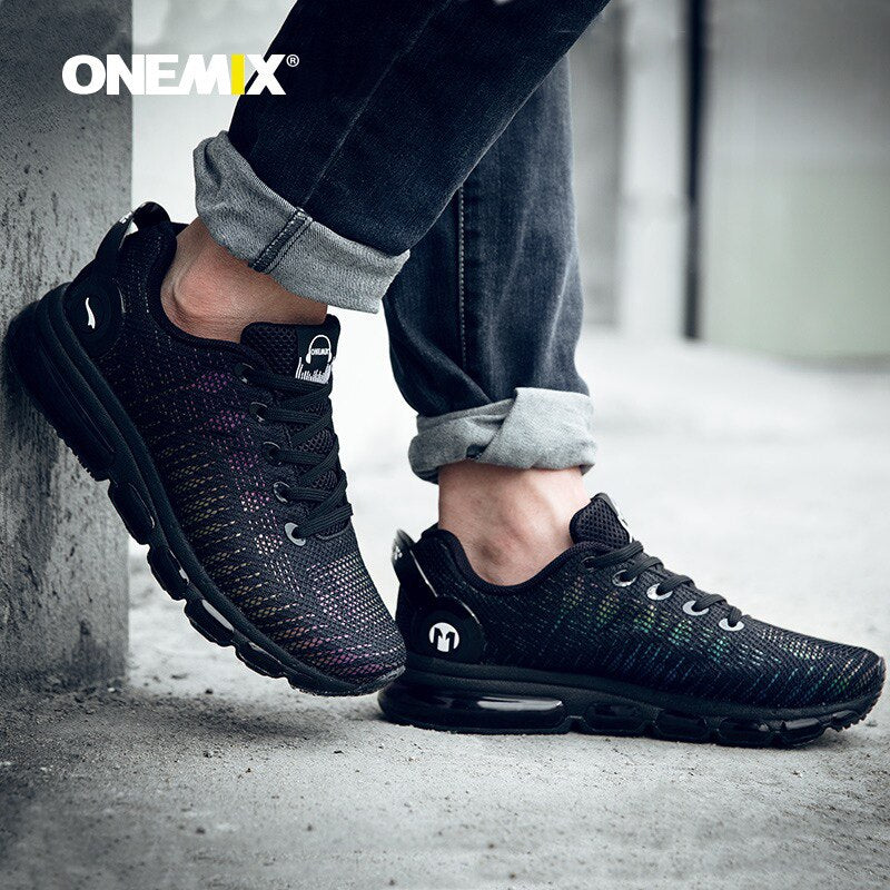 ONEMIX Hot Style Men Running Shoes Lightweight Colorful Reflective Vamp Black Sneaker Air Cushion Outdoor Athletic Comfortable