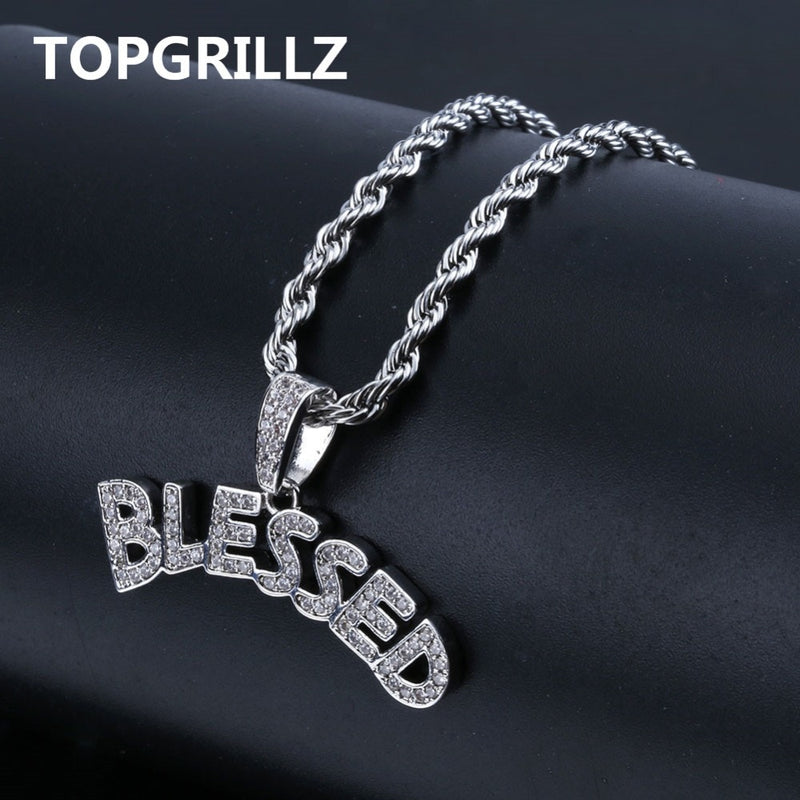 TOPGRILLZ Bubble Letters BLESSED colgante collar hombres mujeres Hip Hop oro plata Color Iced Out Cubic Zircon joyería collar