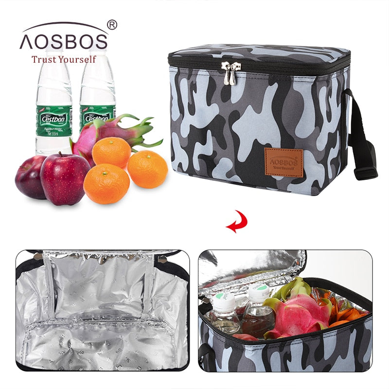 Aosbos Portable Cooler Lunch Bags Insulated Camo Thermal Lunchbox Shoulder Food Picnic Bag Cooler Tote Handbags for Men Women