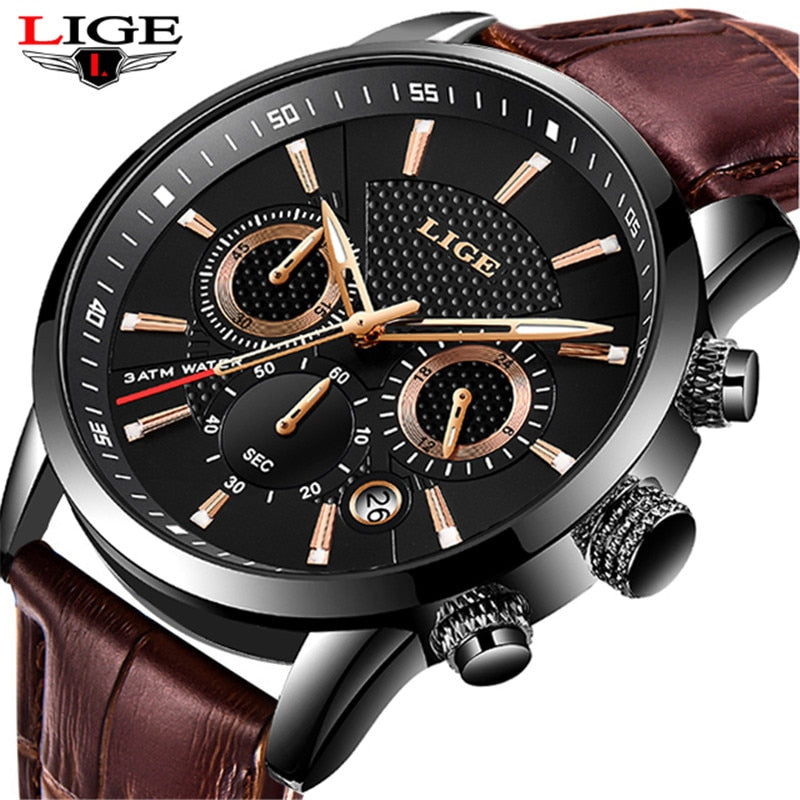 Relogio Masculino Men Watches LIGE Fashion Waterproof Chronograph Top Brand Luxury Quartz Watch Men Casual Leather Sport Watch