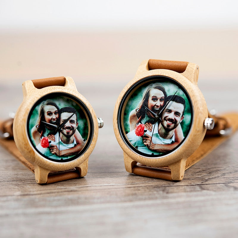 Relojes fotográficos personalizados creativos para hombres y mujeres, reloj de madera de bambú personalizado con impresión UV para pareja, novio, aniversario