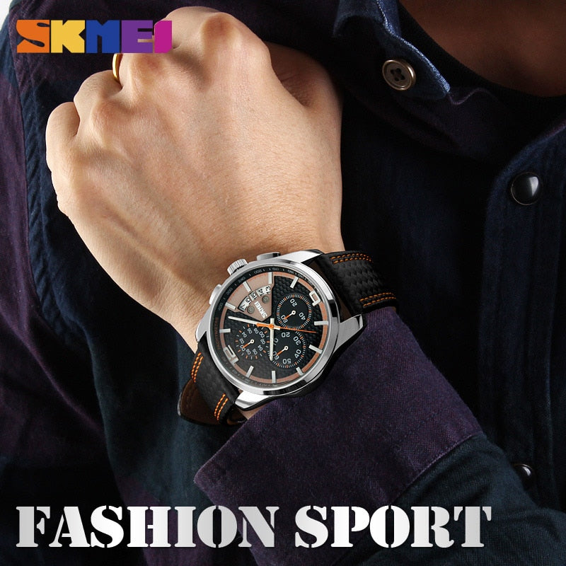 SKMEI Fashion Sport Herrenuhren Top-Marke Luxus Lederband 5Bar Wasserdicht Quarz Armbanduhren Relogio Masculino 9106