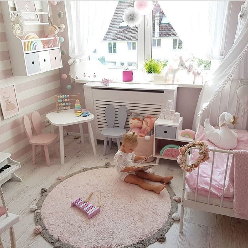 Runder Teppich Tapete Infantil Nordic Weiche Baumwolle Flauschige Bodenmatte Teppiche Kelim für Baby Kinder Schlafzimmer Wohnzimmer Rosa Grau Blau