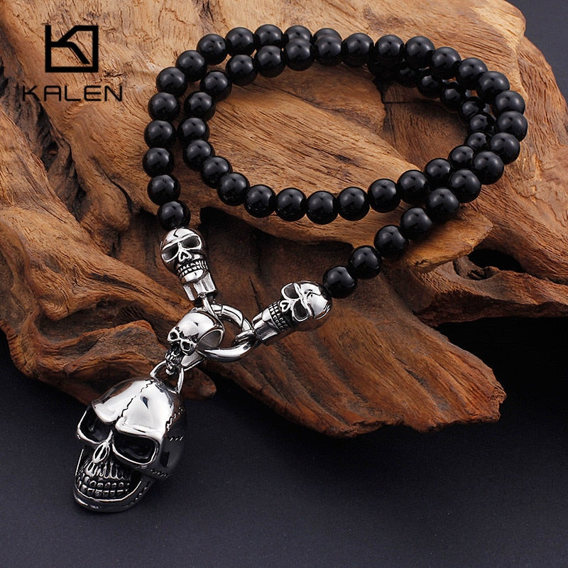 KALEN African Glass Beads 47cm 50cm 60cm 75cm Chain Necklaces Men Punk Stainless Steel Skull Pendant Statement Choker Jewelry