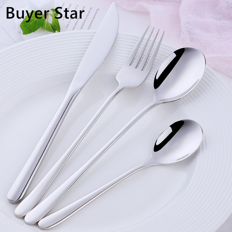 Hot Sale 4 Pcs/Set Tableware Set Stainless Steel Cutlery Long Handle Knife Spoon Fork Sald Spoon Korean Style 8 Colors Flareware