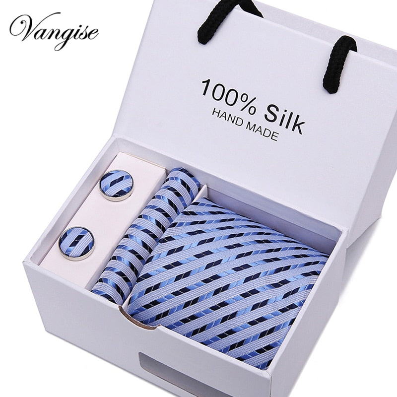 New Design Tie Set With Gift Box Jacquard Woven gravata Silk Tie Hanky Cufflinks Necktie Sets For Wedding Party Men