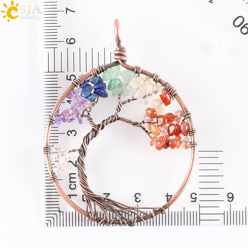 CSJA 7 Chakra Natural Stone Pendant Chip Beads Wrap Wisdom Tree of Life Antique Copper Plated Heart Pendants for Necklace E269