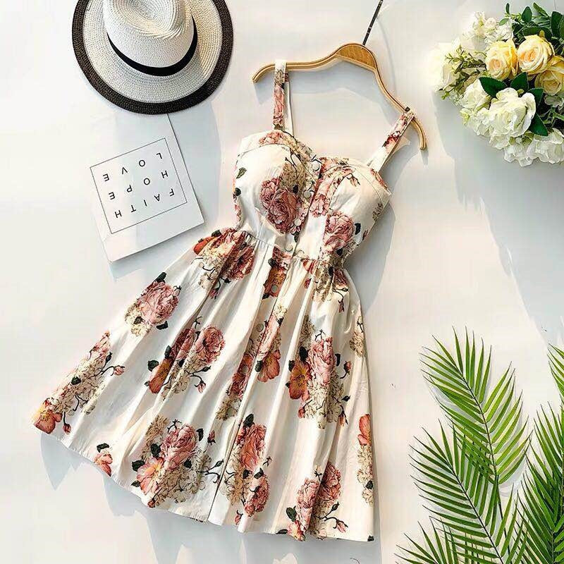 Marwin New-Coming Summer Women Spaghetti Strap Print Floral Sleeveless Empire Beach Dresses High Street Style