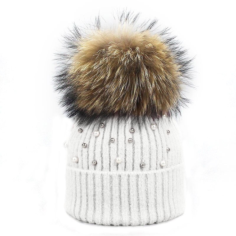 New Wool Beanies Women Real Natural Fur Pom Poms Fashion Pearl Knitted Hat Girls Female Beanie Cap Pompom Winter Hats for Women