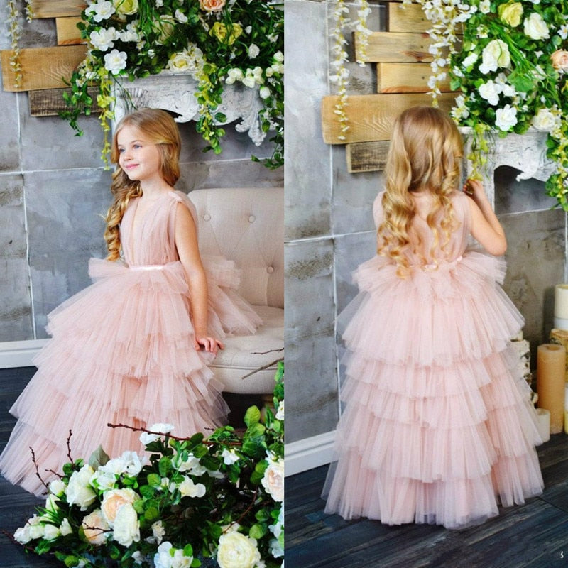 New Coming Tiered Tulle Princess Dress Ankle -Length Sleeveless Custom Made Kids Prom Dress Ruffles Long Pageant Gowns Vestidos