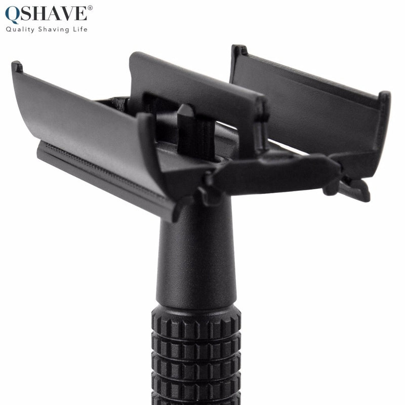 Qshave IT Matte Black Steel Coating Safety Razor Long Handle Butterfly Open Classic Safety Razor 11.4 x 4.3 weishi with 5 blades