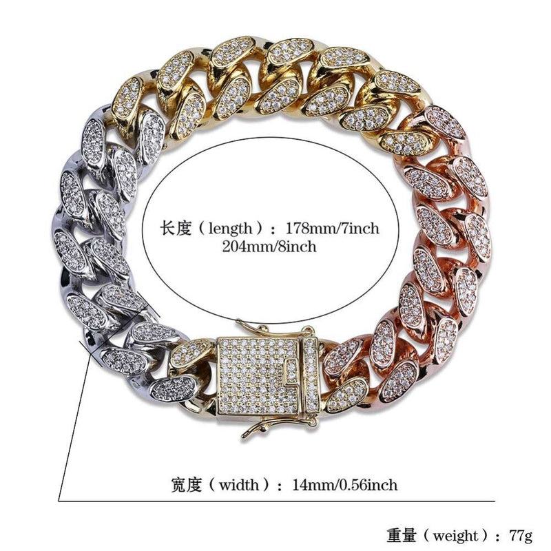 TOPGRILLZ Hip Hop Male Jewelry Bracelet Copper Iced Out Gold Color Plated CZ Stone 14mm Chain Bracelets With 7" 8" Two sizes