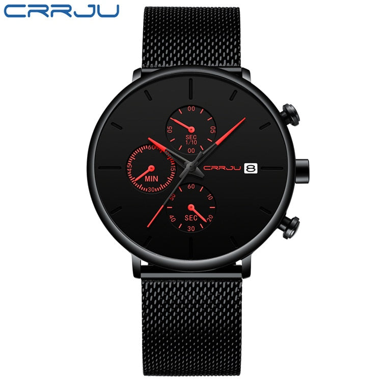 CRRJU Mens Watches Luxury Sport Wrist Watch Unique Design Stainless Steel Auto Date Mesh Strap Men Fashion Casual Quartz Watches