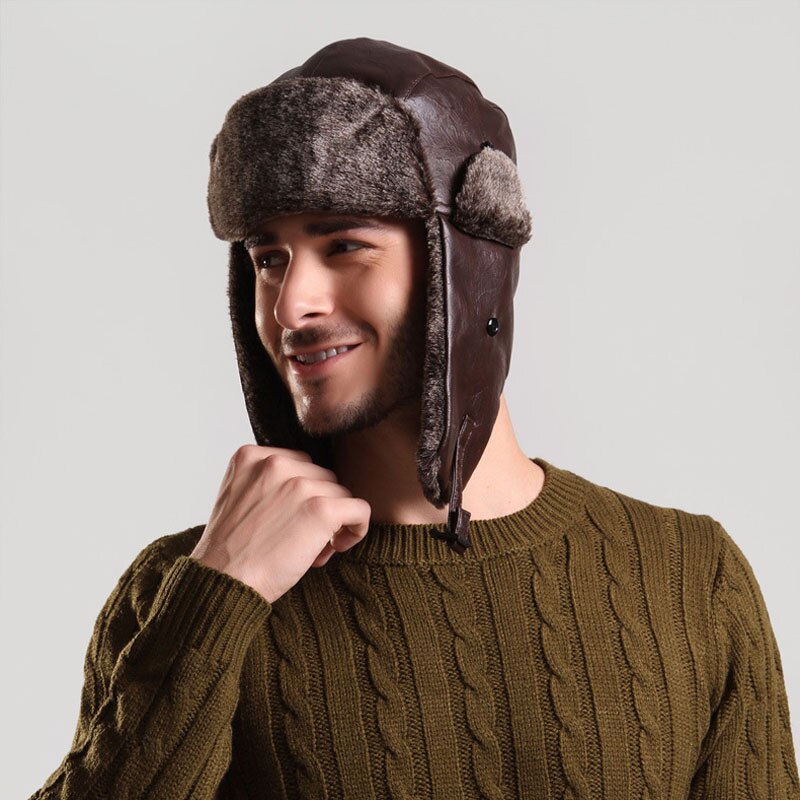 Bomber Hat with Ear Flap Mens Winter Faux Leather Fur Russian Earflap Trapper Cap Aviator Fleece Beanie Male