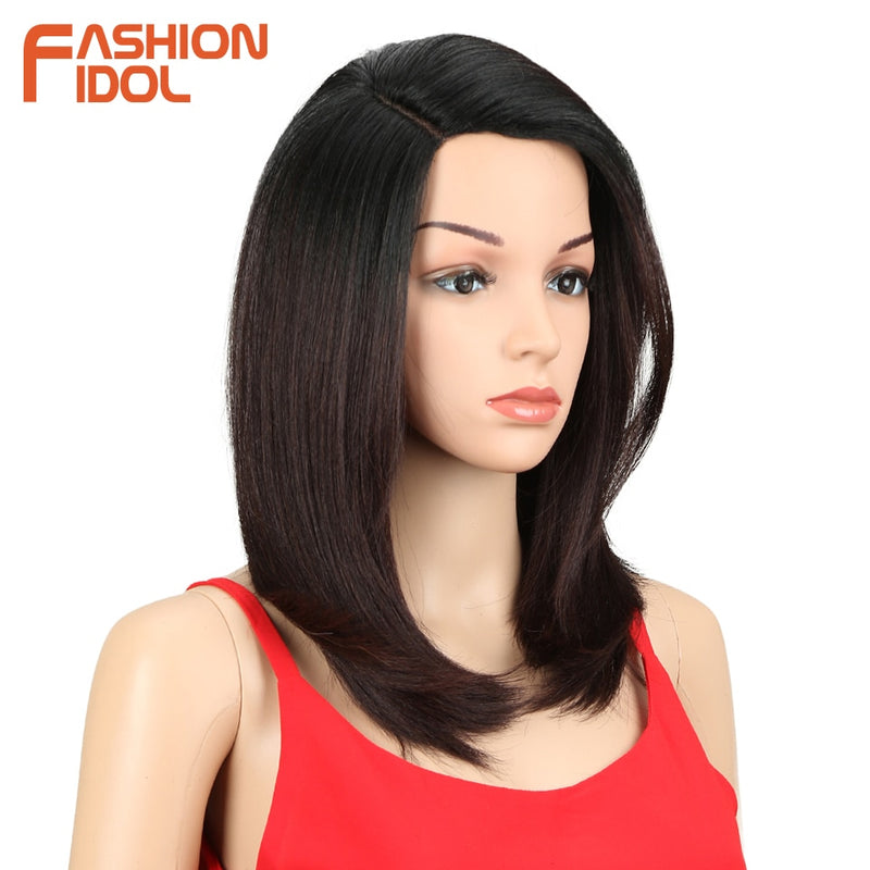 FASHION IDOL Wigs For black Women 18 inch Short Bob Hair Straight Synthetic Side Part Lace Wig Ombre Heat Resistant Cosplay Wig