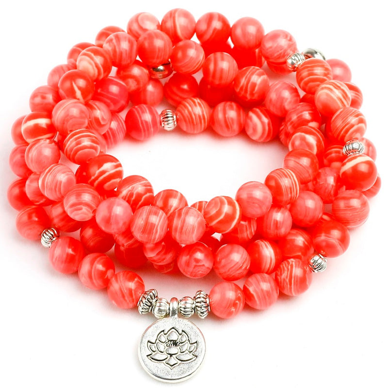 Rhodochrosite Stone Beads  Women Bracelet Yoga Lotus Tree Life Charm Wing Mala Necklace Jewelry Handmade Gift