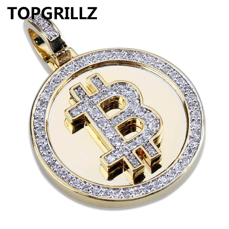 TOPGRILLZ Hip Hop Gold Color Color Plated Iced Out Micro Pave Zirconia Round Bitcoin Pendant Necklace For Men Three Chains