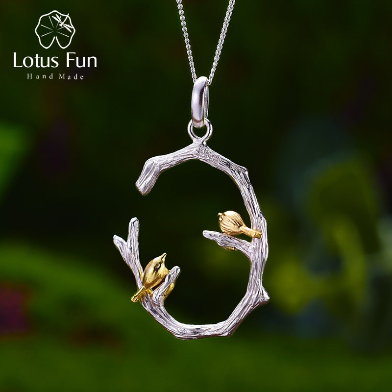 Lotus Fun Real 925 Sterling Silver Natural Original Fine Jewelry 18K Gold Bird on Branch Pendant without Necklace for Women Gift