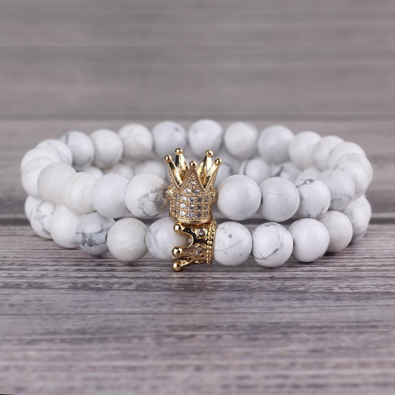 Luxury natural stone beads Couple Lovers bracelet Set CZ King Queen Crown Charm women yoga Bracelets Bangles for men jewelry