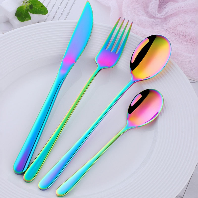 Hot Sale 4 Pcs/Set Tableware Set Stainless Steel Cutlery Long Handle Knife Spoon Fork Sald Spoon Korean Style 8 Colors Flareware