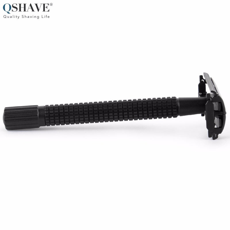 Qshave IT Matte Black Steel Coating Safety Razor Long Handle Butterfly Open Classic Safety Razor 11.4 x 4.3 weishi with 5 blades