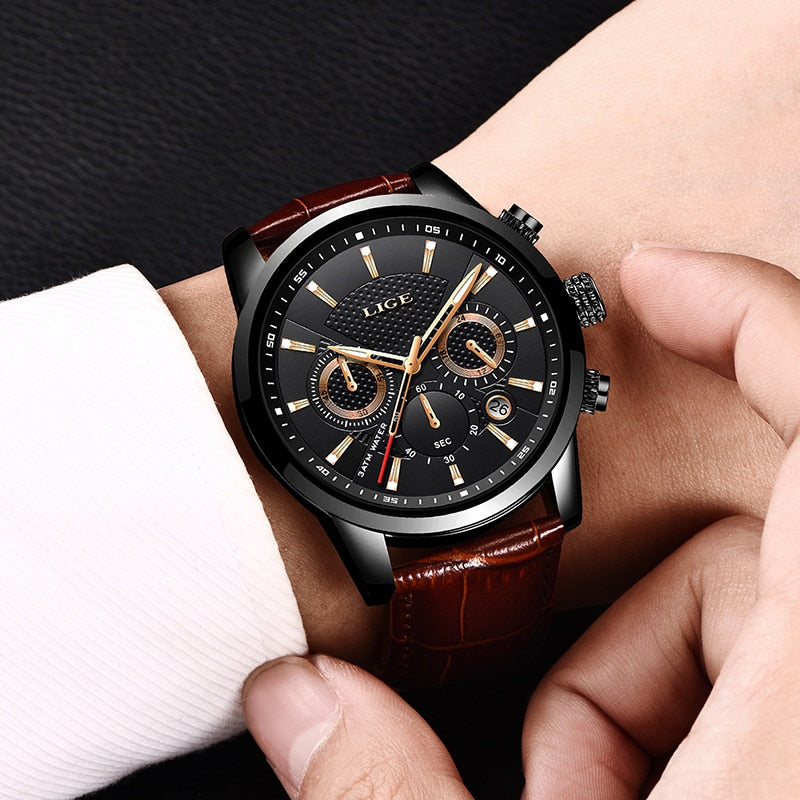 Relogio Masculino Men Watches LIGE Fashion Waterproof Chronograph Top Brand Luxury Quartz Watch Men Casual Leather Sport Watch