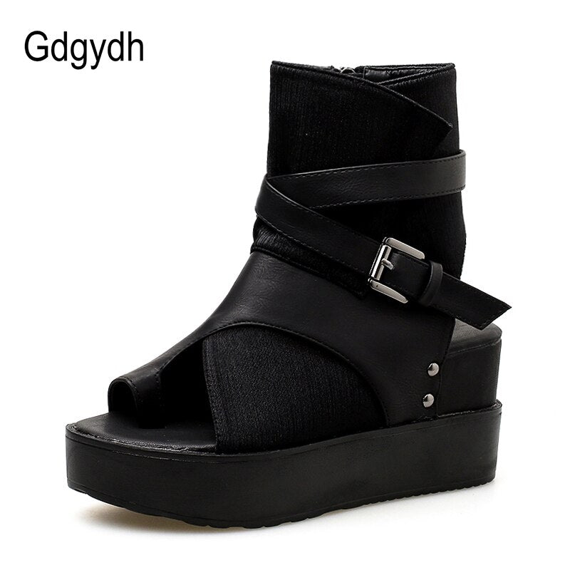 Gdgydh Schwarze Frauen Stiefeletten Frühling Herbst Peep Toe Flache Ferse Stiefel Für Weibliche Schnalle Plattform Keile Schuhe Sommer Bequem