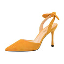 Korean fashion slim heel, super high heel, suede, shallow, pointed, hollowed-out, small bow-tied sandals