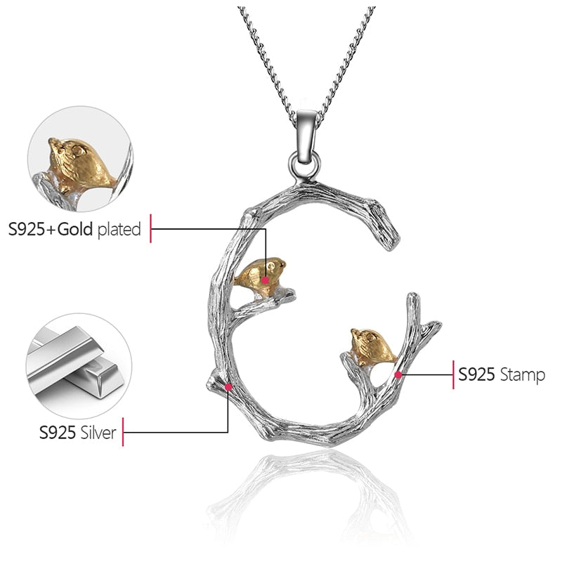 Lotus Fun Echt 925 Sterling Silber Natürlicher Original Feiner Schmuck 18 Karat Gold Vogel auf Ast Anhänger ohne Halskette für Frauen Geschenk