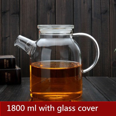 1000ml/1800ml Glass Kettle Water Jug Heat Resistant Flower Teapots with Bamboo Lid Stainless Steel Cover Clear Juice Container