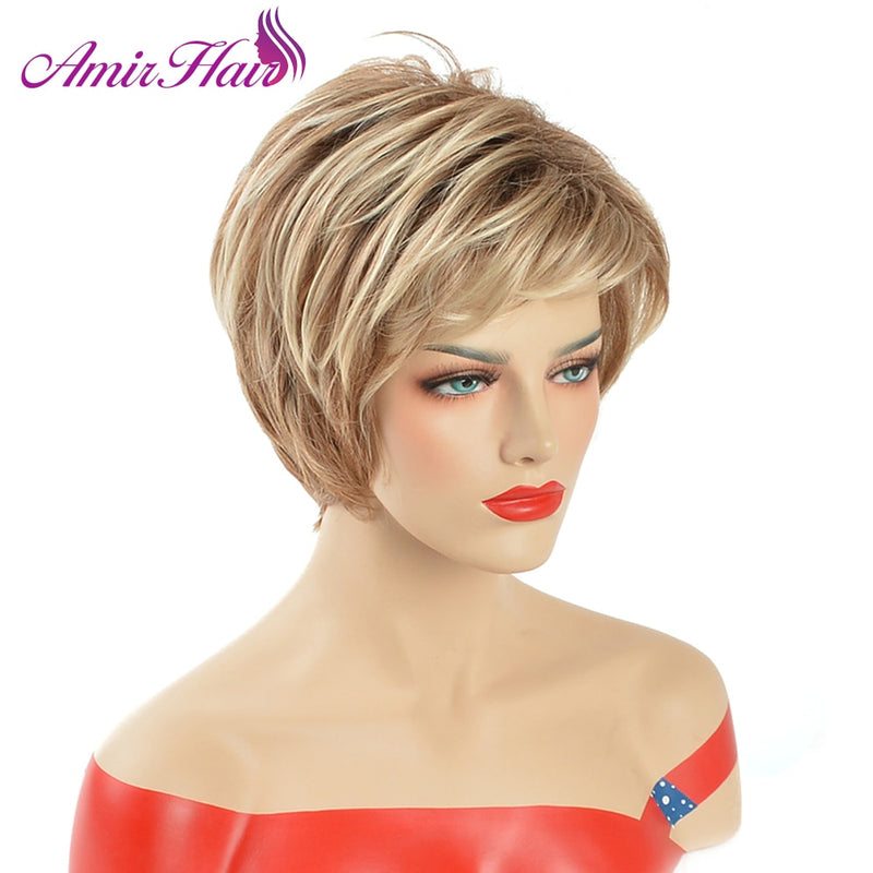 Amir Synthetic Pixie Cut Wigs Short Blonde Wig with Bangs for Women Brown Replacement Wig Straight Hair Wigs