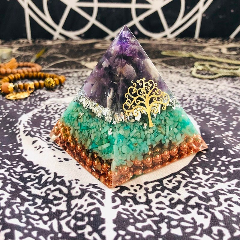 Orgonite Pyramid Jeremiel Ajna Chakra Natural Amethyst Amazonite Overcome Difficulties Resin Pyramid Crafts Decoration