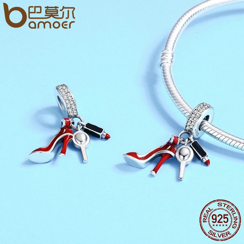 BAMOER 100% 925 zapatos de mujer de plata esterlina, colgante de maquillaje de espejo, pulsera de mujer, joyería DIY, regalo de mujer SCC457