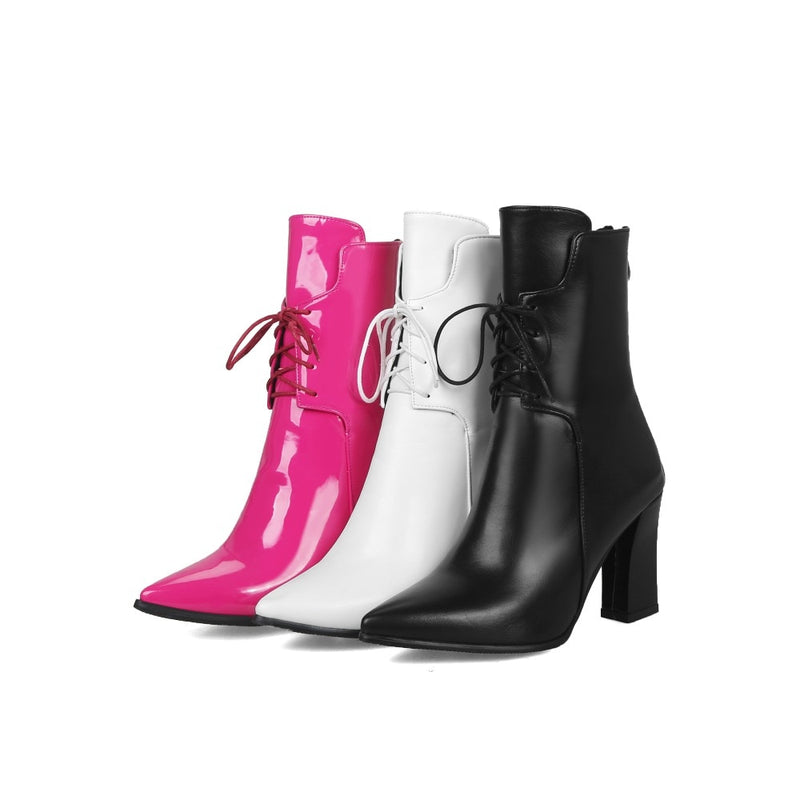 New Women Boots Leather Ankle Boots Fashion Lace Up Square High Heels Boots Autumn Winter Plus Size Shoes 2019
