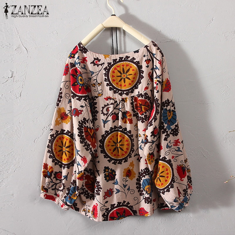 ZANZEA 2022 Autumn Women Casual Long Sleeve Vintage Floral Printed Blouse Loose Retro Shirt Cotton Linen Top Party Work Blusas