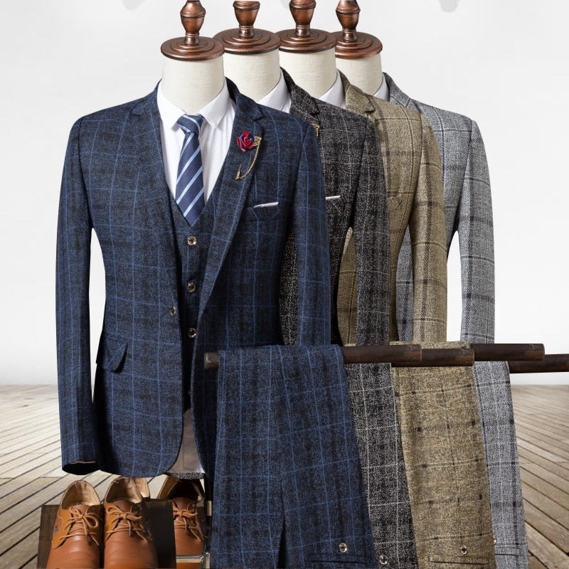 (Jacke + Weste + Hose) 2019 Slim Suit für Herren, High-End-Business-Plaid-Anzugjacke, Herren-Hochzeitsbankettkleid dreiteilig