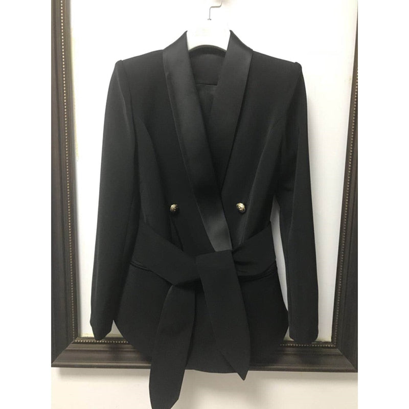 Chaqueta elegante de carrera con estilo de excelente calidad para mujer, cuello chal, botones de león, cinturón con cordones, chaqueta Blazer