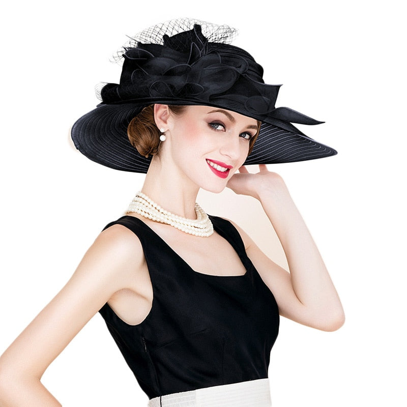 FS Schwarz Weiß Elegant Damen Kirchenhüte Für Damen Blumen Große Krempe Organza Hut Strand Sonne Kentucky Derby Hut Fedora