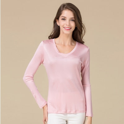 SuyaDream Women T shirt Natural silk Long Sleeves V Neck Solid Basic Shirt Pink Blue Purple Bottoming Top