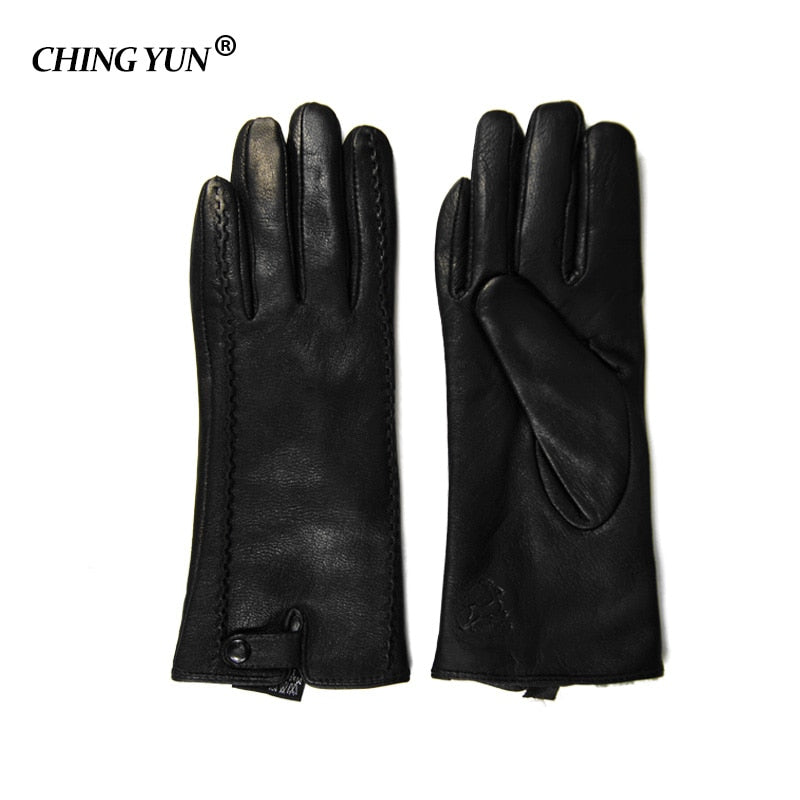 New Women's Gloves Genuine Leather Winter Warm Fluff Woman Soft Female Rabbit Fur Lining Riveted Clasp High-quality Mittens