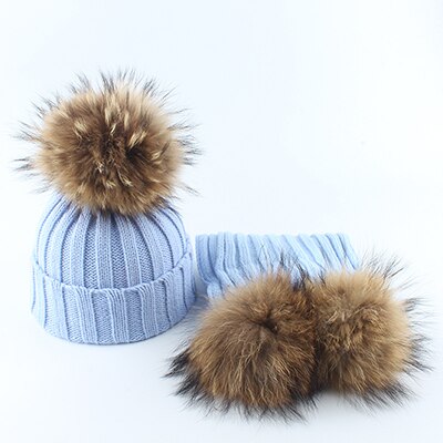 Gorro con pompón de piel auténtica para niños, gorro de punto cálido y bufanda, gorro de invierno para niños y niñas