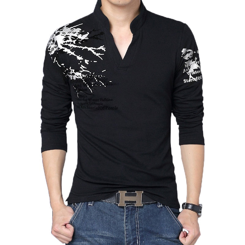 Heißer Verkauf 2022 neue Herbst Männer T-Shirt Mode Blumendruck V-Ausschnitt Langarm T-Shirt Herren Kleidung Trend Casual Top T-Shirt Männer 5XL