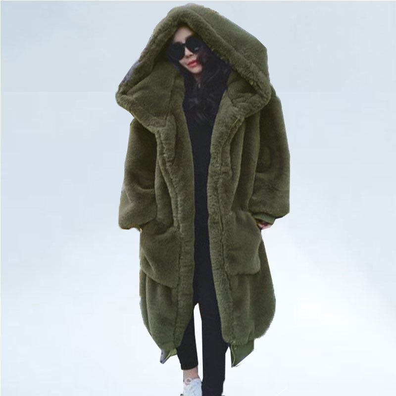 Abrigo de piel sintética de invierno de gran tamaño, Parka para mujer, chaqueta de piel sintética larga y cálida, abrigos con capucha, abrigo de invierno suelto, prendas de vestir, casaco femenino