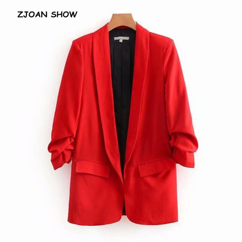 Chic Candy Solid Color Ruched Cuff Mid Long Blazer With Lining Woman Shawl Collar Slim fit Suit Casual Jacket Coat Outerwear