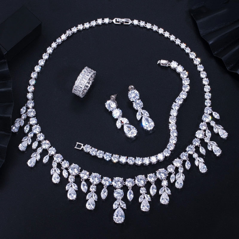 CWWZircons Dangle Drop Dubai Zircon Necklace Earrings Bracelet and Rings Bridal Jewelry Set Women Wedding Dress Accessories T342