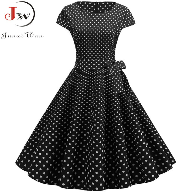 Women Summer Dresses Robe Vintage 1950s 60s Pin Up Big Swing Party Work Wear Rockabilly Dress White Polka Dot Vestidos