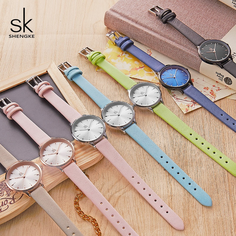 Shengke Clearance Casual Watch For Women Adjustable Leather Strap Reloj Mujer Quartz Watch Women Fashion Black Montre Femme