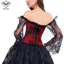 Women Halloween Steampunk Corset Sexy Bodice Long Sleeve Red Corselet Lace Up Bustier Party Club Wedding Tops Plus Size S-6XL
