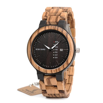BOBO BIRD Men Wristwatches Quartz Movement Complete Calendar Wood Watch Week Display relogio masculino in Gift Box