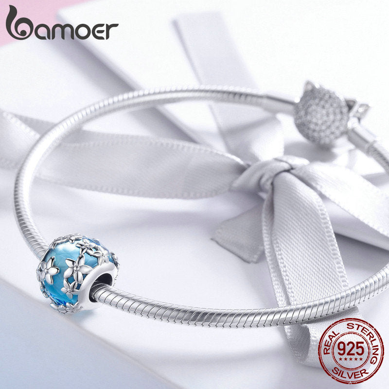 BAMOER 100% 925 Sterling Silver Daisies Daisy Flower Blue CZ Crystal Beads Charm fit Charm Bracelet DIY Jewelry Making SCC878